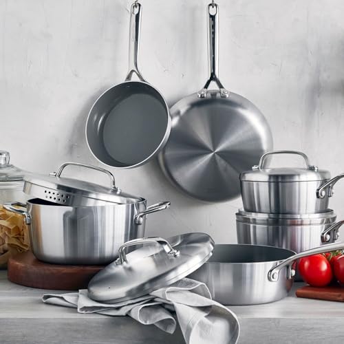 GreenPan GP5 Stainless Steel 5-Ply Healthy Ceramic Nonstick 13 Piece Cookware Pots & Pans Set, Frying Pans, Sauté, Saucepans, Stock Pot, Scratch Resistant, Induction,Dishwasher & Oven Safe, PFAS-Free