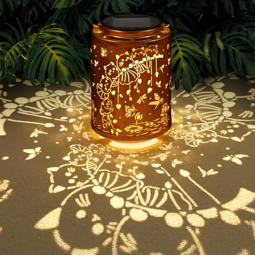 Solar Lanterns Garden Decor Birthday Gifts for Women Mon Grandma Metal Hanging Solar Lights Waterproof Outdoor Decoration for Outside LED Lanterns for Yard Patio Lawn (Cat)