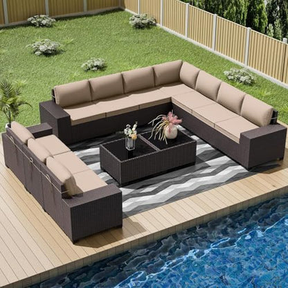 RTDTD 12 PCS Outdoor Patio Furniture Set,Outdoor Sectional Furniture All Weather PE Rattan Wicker Patio Conversation Set with 2 Coffee Tables and 10 Thickened Cushions,Sand