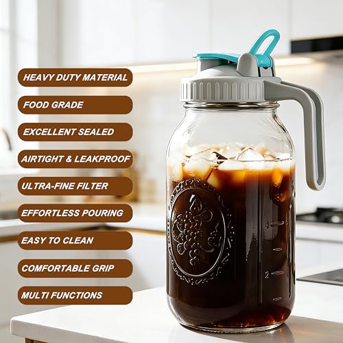Mason Jar Cold Brew Coffee Maker 32 Oz Wide Mouth Cold Brew Pitcher 1 Quart Airtight & Leakproof Mason Jar Pitcher With Stainless Steel Fine Mesh Filter For Coffee, Iced Tea, Sun Tea, Lemonade