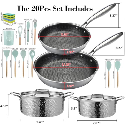 Vivicreate 20 Piece Tri-Ply Stainless Steel Cookware Set, Hammered Pots and Pans with 2 Nonstick Frying Pans and 2 Pots with Lids, 304 Interior, Induction Compatible