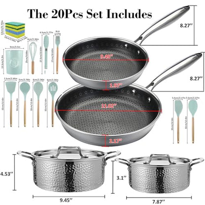 Vivicreate 20 Piece Tri-Ply Stainless Steel Cookware Set, Hammered Pots and Pans with 2 Nonstick Frying Pans and 2 Pots with Lids, 304 Interior, Induction Compatible