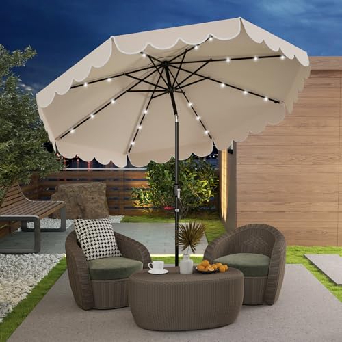 Tangkula 9 FT Solar Patio Umbrella, 2-Tiers Scalloped Outdoor Table Market Umbrella with 32 LED Lights, Vented Top, Tilt Adjustment, Crank, 8 Ribs for Backyard Poolside Deck Beach Lawn (Beige)