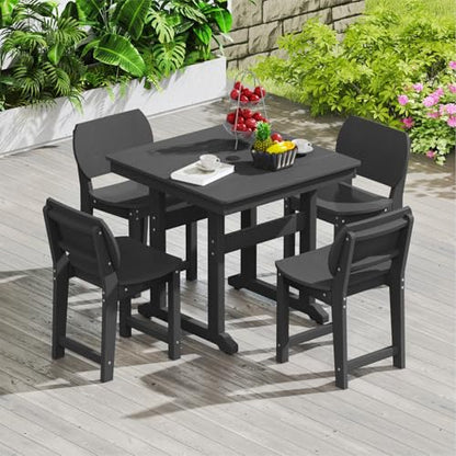 BIVODA 5-Piece HDPE Outdoor Dining Set, Weatherproof Patio Table and Chairs Set for 4, Includes 1 Square Table and 6 Armless Chairs, with Umbrella Hole (Black)