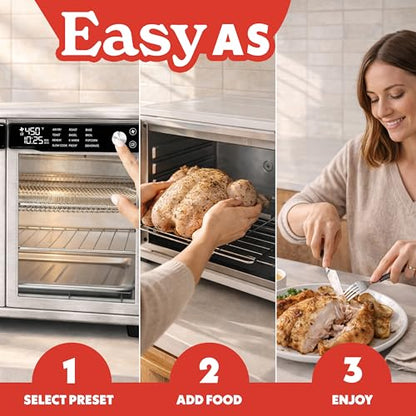 Gourmia French Door Air Fryer Oven - 37 Qt Large Capacity Convection Toaster Oven, FryForce 360°, Digital Display, 12 Cooking Presets, Dehydrate, Fits 13” Pizza, Dishwasher-Safe, Stainless Steel
