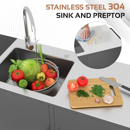 JFHID Outdoor Kitchen Sink with Hose Hook up, Stainless Steel Prep Table Kitchen Island, Rolling Pizza Oven Stand BBQ Grill Table for Garden, Backyard and Lawn