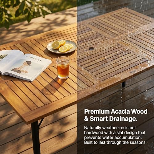 Greesum Acacia Wood Patio Outdoor Dining Table, 63" L x 36" W x 30" H Outdoor Table with Umbrella Hole and Sturdy Metal Legs for Garden, Patio, Backyard