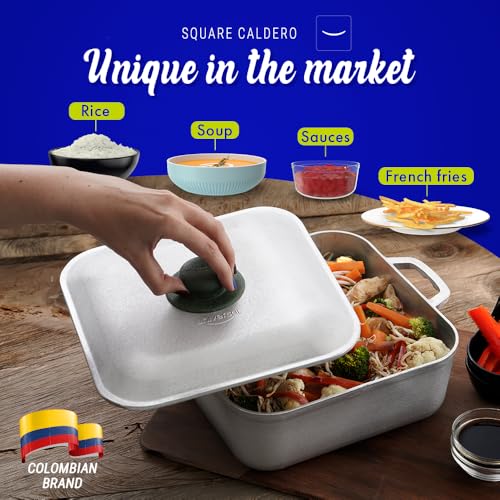Universal (9 Quart - 24 Cups) Square Caldero – Cast Aluminum Cooking Pot with Lid, Oven Safe Dutch Oven Pot for Rice, Soups, Stews, Roasting & Everyday Cooking