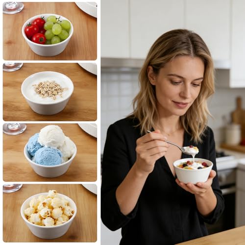 Enjamyo 6 Pack Porcelain Small Bowls, 5oz White Ceramic Ramekins, 4 Inch Diameter Small Bowls for Serving Dipping Sauces, Desserts, Soups and Cereals