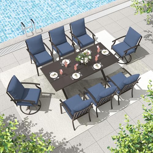 ALAULM 9-Piece Patio Dining Table and Chairs for 8 Outdoor Dining Set with 2 Swivel Chairs Patio Dining Sets with Rectangular Metal Table with Umbrella Hole for Patio, Backyard, Garden-Dark Blue