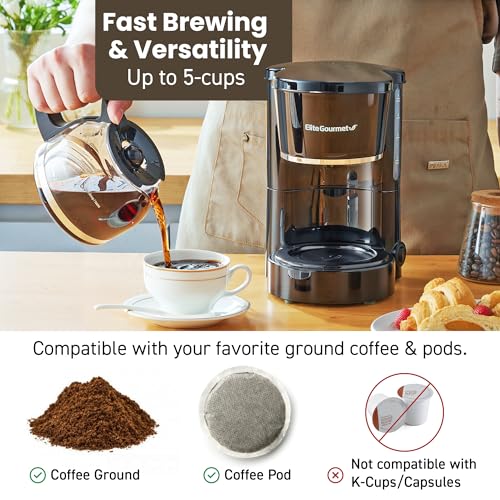 Elite Gourmet EHC-5055# Automatic Brew & Drip Coffee Maker with Pause N Serve Reusable Filter, On/Off Switch, Water Level Indicator, Black