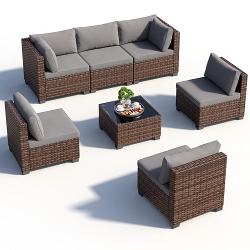 Qsun 7 Pieces Patio Furniture Set, Outdoor Sectional Rattan Sofa Set, Wicker Patio Conversation Set with Cushions and Glass Coffee Table, for Balcony, Porch, Garden, Grey
