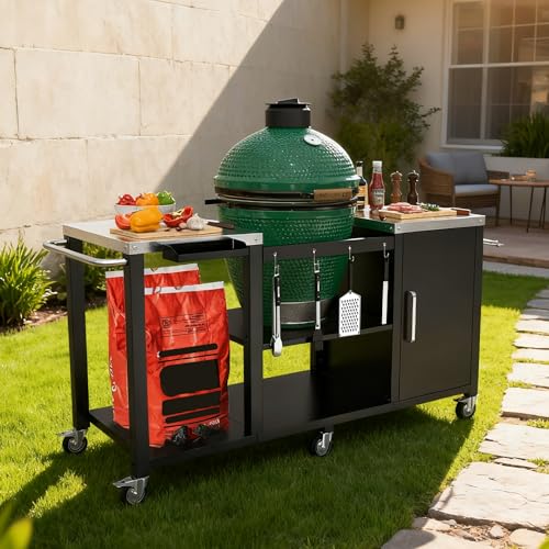 GDLF Grill Table for Big Green Egg Style BBQ, Heavy Duty Metal Outdoor Grill Station Prep Table with Storage,Compatible with Large Big Green Egg,Kamado Joe Classic