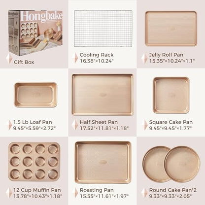 HONGBAKE 9-Piece Baking Pans Set Nonstick, Stackable Non Toxic Bakeware Sets with Diamond Texture, Oven Pan Set for Cooking, Includes Cookie Sheet with Rack, Cake Pan, Roasting Pan, Muffin Tin, Gold
