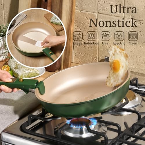 CAROTE Green&Gold Nonstick Cookware Set,15Pcs Pots and Pans Set Non Stick Detachable/Removable Handle,Kitchen Cooking Set Dishwasher Safe, RV Kitchen Pot and Pan, Induction Cookware