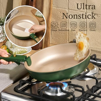 CAROTE Green&Gold Nonstick Cookware Set,15Pcs Pots and Pans Set Non Stick Detachable/Removable Handle,Kitchen Cooking Set Dishwasher Safe, RV Kitchen Pot and Pan, Induction Cookware