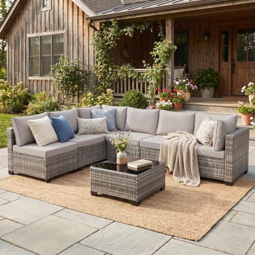 BJROESUW 7 Piece Patio Furniture Set, Outdoor Wicker Sectional Sofa Set