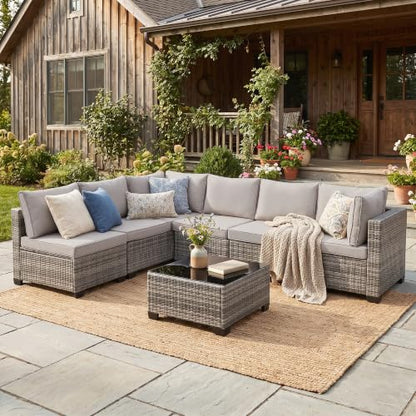 BJROESUW 7 Piece Patio Furniture Set, Outdoor Wicker Sectional Sofa Set