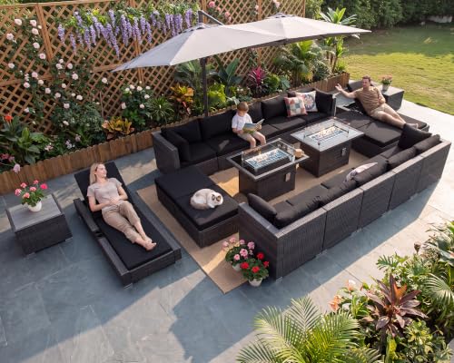 NICESOUL 20 Piece Extra Large Patio Furniture Set w/Fire Pit Table & Chaise Lounge, Modern Luxury Outdoor Group Seating w/Firepit, Comfortable 29.3" High-Back Sectional Couch Deep Seat, Dark Gray