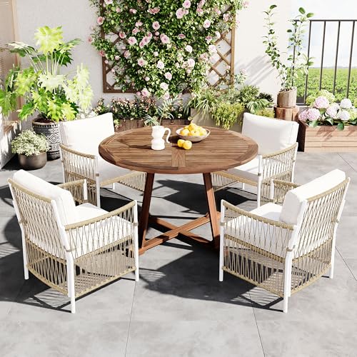 VilroCaz 5-Piece Outdoor Patio Dining Set, All-Weather Acacia Wood Extendable Round Dining Table with 12inch Butterfly Leaf and 4 Rattan Arm Chairs for Backyard, Balcony, Garden, Poolside