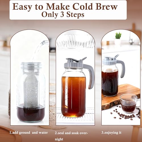 64 OZ Cold Brew Coffee Maker 2 Quart Mason Jar Glass Iced Tea Pitcher With Stainless Steel Filter Half Gallon Pitcher With Spout Lid For Iced Coffee,Tea & Lemonade,Sun Tea Airtight & Leak-Proof 2 PACK