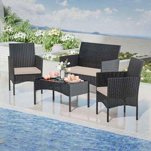 RTDTD 4 Pieces Patio Furniture Set Outdoor Conversation Set Rattan Furniture Set Wicker Chairs and Sofa with Glass Table for Porch Pool Backyard Garden Sand