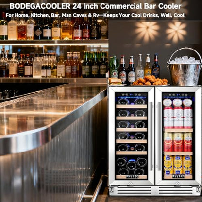 BODEGA 24 Inch Wine and Beverage Refrigerator, Dual Zone Wine and Bar Beverage Cooler, Commercial Black Bar Cooler With 2 Glass Doors, Bar Fridge Hold 19 Bottles and 57 Cans,Built-In or Freestanding.