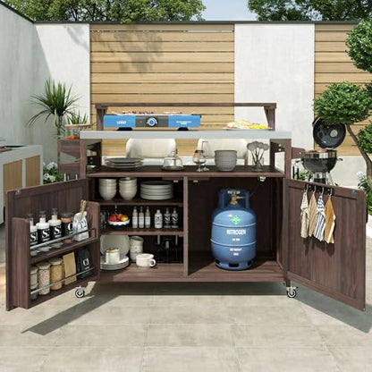 Outdoor Kitchen Island with Stainless Steel Top, 53.3" Rolling Grill Cart with Adjustable Shelves, Raised Shelf, Lockable Wheels, Portable Outdoor Table and Bar Storage Cabinet for Patio