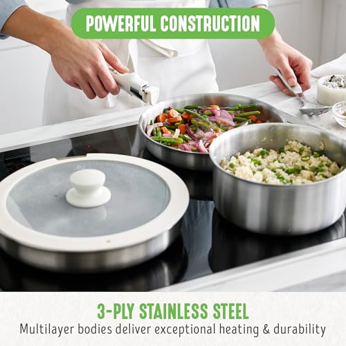 GreenLife 10 Piece Stainless Steel Pots and Pans, Detachable & Stackable Kitchen Set, Tri Ply Clad PFAS Free Cookware, Space Saving with Removable Handle, Induction & Oven Safe, RV Cookware, Glass Lid
