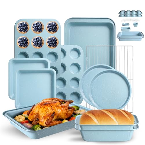 11-Piece Nonstick Baking Pans Set - Professional Grade Carbon Steel Bakeware with Premium Coating- Dishwasher Safe, Stackable, Oven Safe to 450°F (Slight Blue)