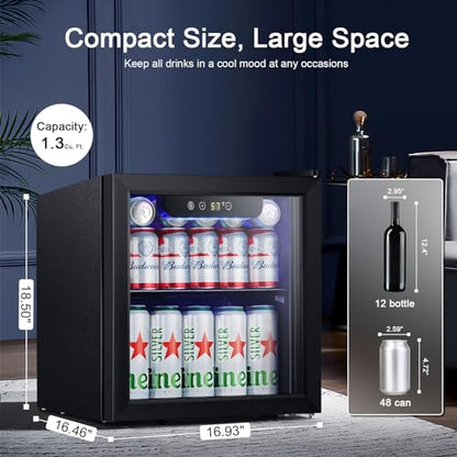 Antarctic Star Mini Fridge Cooler - 12 Bottle 48 Can Beverage Refrigerator Glass Door for Drinks or Beer Wine –Small Drink Dispenser for Home, Office or Bar, Electronic Temperature Control，1.3cu.ft.