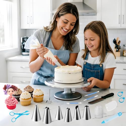 ANSLYQA Cake Decorating Kit, 393 Pcs with Aluminium Cake Turntable, Leveler, 55 Numbered Icing+Skirt Tips, 2 Spatulas, 3 Scrapers, 5 Couplers, 100 Pastry Bags, 150 Cupcake Liners & More Baking Tools