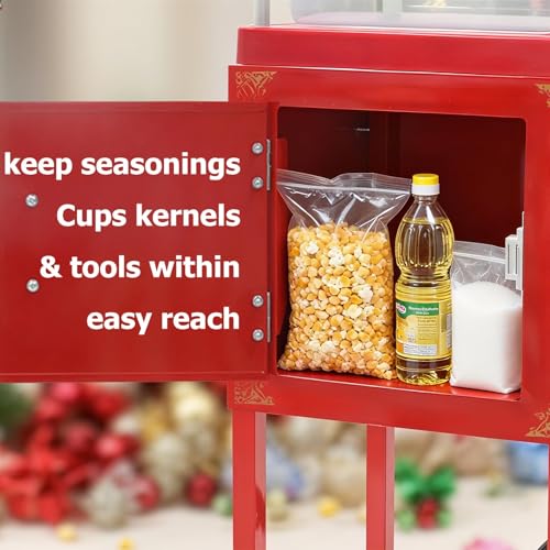 Commercial Popcorn Machine 32OZ with Cart - Stainless Steel Kettle Popper with Wheels, Warming Deck & Tempered Glass, for Business, School, Corporate, Institutional, Theater, Home Use, Red
