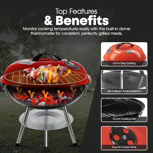 GasOne 14-inch Portable Charcoal Barbecue Grill with Thermometer – Red