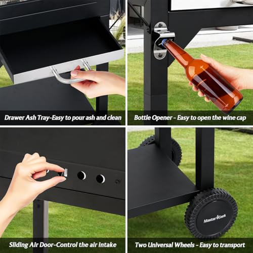 MASTER COOK Charcoal Grills with Two Side Tables, 332 SQIN Cooking Area Outdoor Smoker Barbecue bbq grill for Camping, Patio,Backyard Party, Picnic, Black
