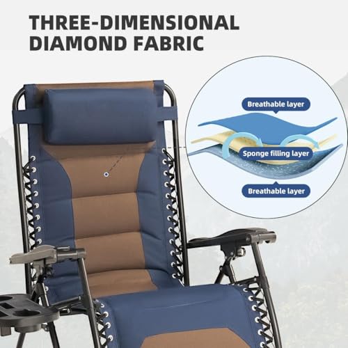 Foristrail Zero Gravity Chair Oversized Padded Recliner with Adjustable Headrest & Cup Holder - 600D Oxford Folding Lounge Chair for Outdoor Camping, Patio, Poolside (Brown & Blue)