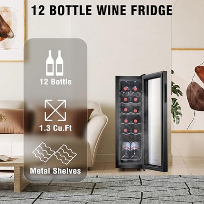 STAIGIS 12 Bottle Wine Cooler, Mini Fridge for Red and White, Small Freestanding Refrigerator with 40-66F Digital Temperature Control Glass Door