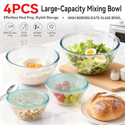 YUANYE 4 Pack Glass Mixing Bowls with Lids Set (3/1.7/0.9/0.6QT),Thick Glass Large Salad Bowl Set, Nesting Kitchen Bowls for Serving, Prepping, Cooking and Baking, Dishwasher, Oven,Microwave Safe