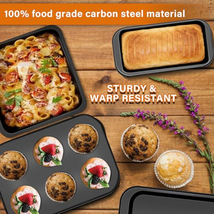 ZMKELE 6-Piece Carbon Steel Bakeware Set, Nonstick Baking Pans with Cookie Sheet, Deep Roaster, Square Pan, Loaf Pan, Muffin Pan for Cooking,Baking Pans Set (black)