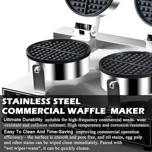110V 2600W Commercial Double Waffle Maker,Non-Stick Commercial Waffle Baker,Stainless Steel Belgian Waffle Iron for Restaurant Party Food Stall, Bakery Snack Bar Family