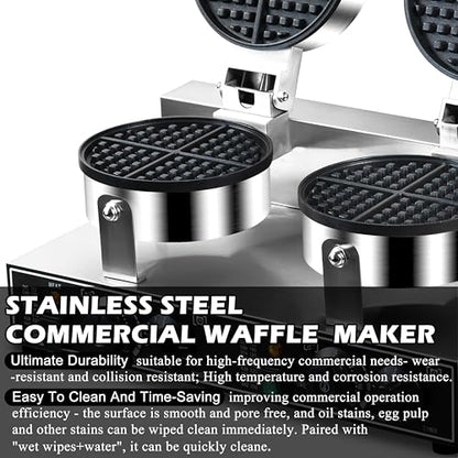 110V 2600W Commercial Double Waffle Maker,Non-Stick Commercial Waffle Baker,Stainless Steel Belgian Waffle Iron for Restaurant Party Food Stall, Bakery Snack Bar Family