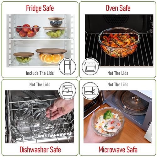 dokaworld Set of 5 Nesting Glass Bowls with New Updated Acacia Lids for Foodprep, Storage, Mixing & Cooking - Microwave & Oven-ready BPA Free Durable Heat Resistant Inert Borosilicate Glass