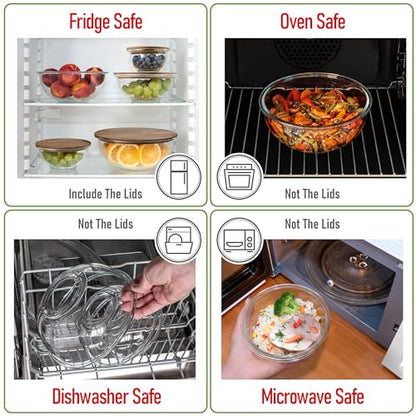 dokaworld Set of 5 Nesting Glass Bowls with New Updated Acacia Lids for Foodprep, Storage, Mixing & Cooking - Microwave & Oven-ready BPA Free Durable Heat Resistant Inert Borosilicate Glass