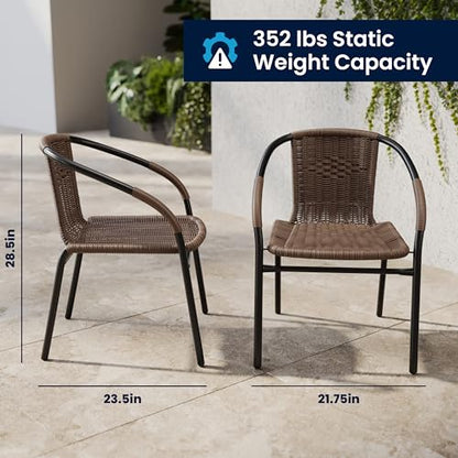 Flash Furniture Lila 28'' Round Glass Metal Table with Dark Brown Rattan Edging and 2 Dark Brown Rattan Stack Chairs