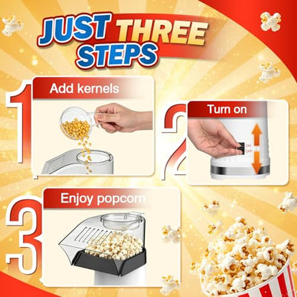 1200W Hot Air Popcorn Machine - 4.5-Quart Oil-Free Popcorn Maker with 2-Min Fast Popping, High Efficiency Air Popper with Anti-Clog Design for Healthy Family Snack (White)