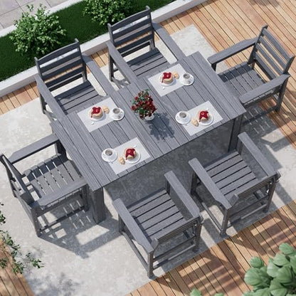 PamapicLife Outdoor HDPE Dining Table Set, 7-Piece Outdoor Dining Table Sets, Wood Grain Patio Furniture Sets with Umbrella Hole for Porch, Backyard, Gray