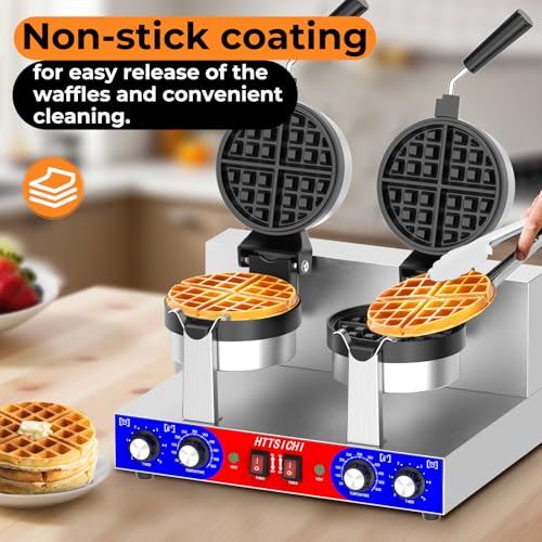 HTTSICHI Commercial Belgain Waffle Maker - Rotating Double Waffle Maker w/Non-stick and 1.2 in Thick, Filp Belgian Waffle Machine w/ 122-572℉ Temp Range and Timer, Stainless Steel Waffle Iron, 2400W