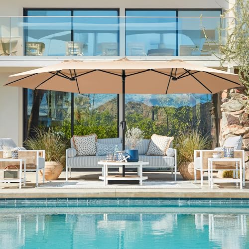 SUPERJARE 15FT Outdoor Patio Umbrella with Base Included, Double Sided Pool Umbrellas with Fade Resistant Canopy, Extra-Large Table Umbrella for Deck, Market, Backyard, Beige