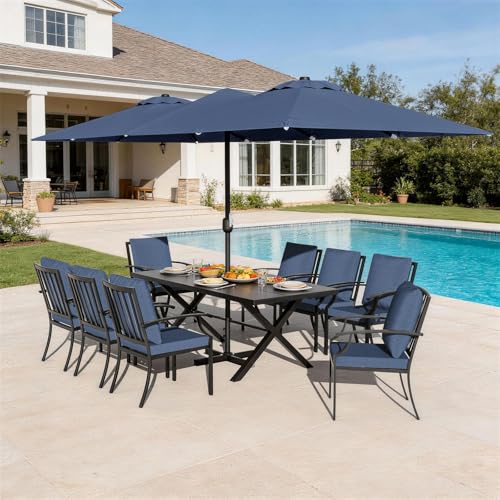 ASJMR 10 Piece Outdoor Dining Table and Chairs for 8, Rectangular Patio Dining Table with 14 Ft Patio Umbrella with 8 Fixed Dining Chairs with Cushions, Lawn Garden Outdoor Table and Chairs-Navy