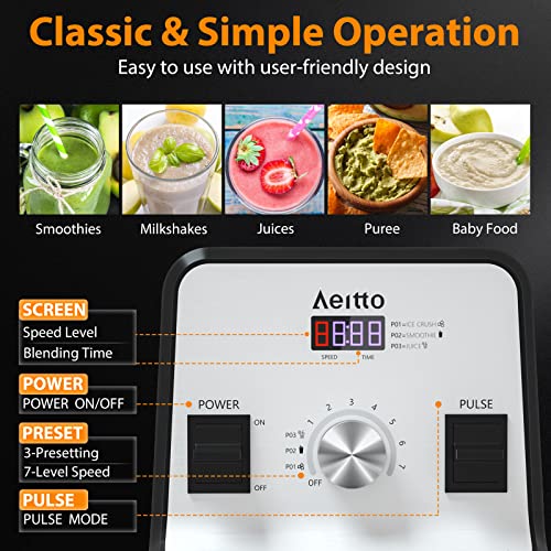 Aeitto Blender for Kitchen, 68 Oz Large Capacity Professional Countertop Blender, 1500-Watt Smoothie Blender for Ice Crush, Frozen Drinks, Grey